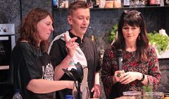 Compere Jane Moncrieff (right) in conversation with chef Jonathan Williamson and 'assistant' Marlene Hunter.