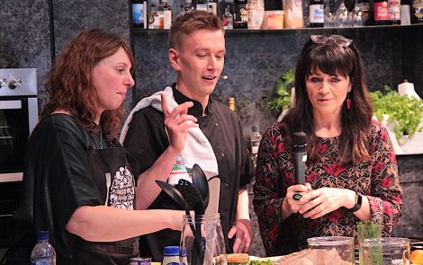 Compere Jane Moncrieff (right) in conversation with chef Jonathan Williamson and 'assistant' Marlene Hunter.