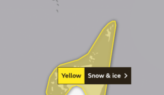 A weather warning map showing the Shetland Islands with a yellow alert for snow and ice. The alert area is highlighted in yellow.