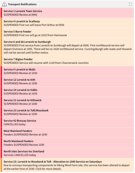 A list of transport notifications detailing suspension and resumption times for various bus services, including Services 1, 2, 5, 6, 6A, 7, 9, 13, 19, 21, and information about transport for Viking Wind Farm site.