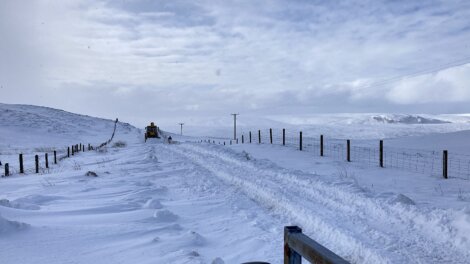 A snow-covered road is being cleared by a yellow snowplow in a rural, snowy landscape with distant hills and utility poles visible.