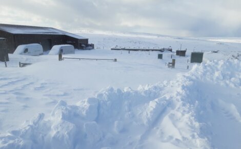 Snow-covered rural area with a barn, vehicles, and fences partially buried in deep snow. Surrounding landscape is also blanketed in snow under an overcast sky.