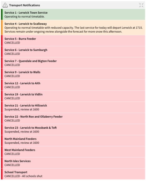 Screenshot of transport notifications showing various services. Most services are cancelled except Service 1 operating normally and Service 4 operating to revised capacity with an update for 1715.