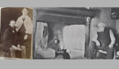 Two black-and-white photographs: on the left, a seated man and a standing woman pose; on the right, an elderly man sitting near a fireplace with a cat looking into the fire.