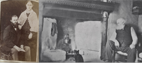 Left, a vintage portrait of a seated man and a standing woman. Right, an older man sits by a rustic hearth with a cat on the floor.