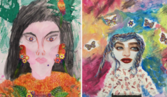 Two colorful paintings side by side: the left features a woman with dark hair, surrounded by flowers and birds; the right shows a person with braided hair, wearing a floral shirt, amid butterflies and vibrant colors.