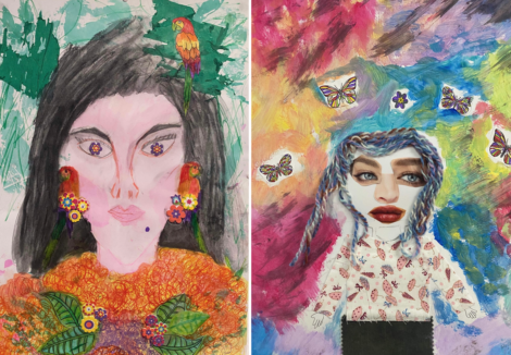 Two colorful paintings side by side: the left features a woman with dark hair, surrounded by flowers and birds; the right shows a person with braided hair, wearing a floral shirt, amid butterflies and vibrant colors.