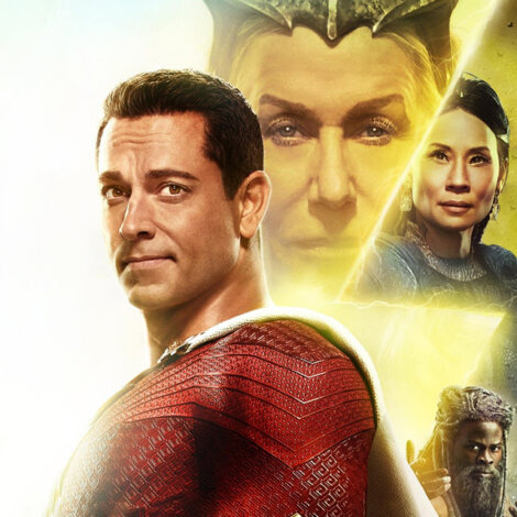 A superhero in a red suit stands in the foreground. Behind him, a collage of three other characters, including a woman wearing a crown, a woman in a blue outfit, and a man with dreadlocks is visible.