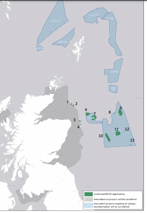 Map of offshore areas near Scotland indicating zones where INTOG applications are confirmed, areas excluded from consideration, and regions for oil and gas decarbonization projects.