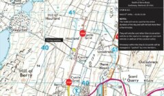 Map detailing stop/go points and film location in the area north of Berry Road, Scalloway, Shetland. Additional notes specify action vehicle usage, driveway accessibility, and tech vehicles.