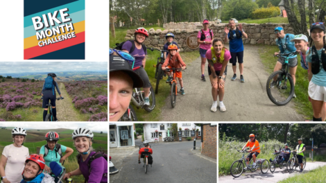 A collage of people biking in various settings, including group rides and individuals on paths. The images feature different terrains and participants smiling and engaging in the Bike Month Challenge.