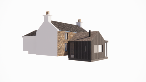 A 3D rendering of a two-part house; the left section is white with a stone facade, while the right section is a modern dark wood extension with large windows.