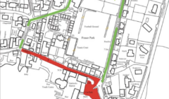 Map showing Fraser Park area with highlighted paths. Green path runs through North Park and Fraser Park, while red path runs along two streets, leading to a Car Park and Jetty area.