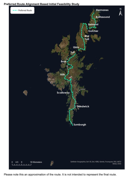 A map showing the preferred route alignment based on an initial feasibility study in the Shetland Islands, stretching from Sumburgh in the south to Hermaness in the north.