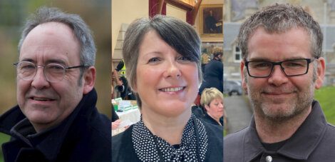 Three people are pictured in a side-by-side collage: a man with glasses and a coat, a woman with short hair and a polka-dot scarf, and another man with glasses and a jacket.