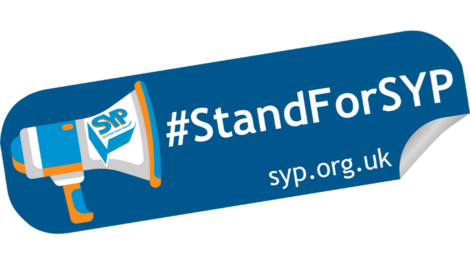 Image of a sticker with a blue background featuring a megaphone labeled "SYP" and the text "#StandForSYP" along with "syp.org.uk.