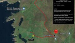 A map showing road closures near Sung Wails, Shetland, due to filming. Closed roads are marked in red. Traffic will be diverted north towards Dale. Reopening date: Thursday 17 June, 07:00-20:00.