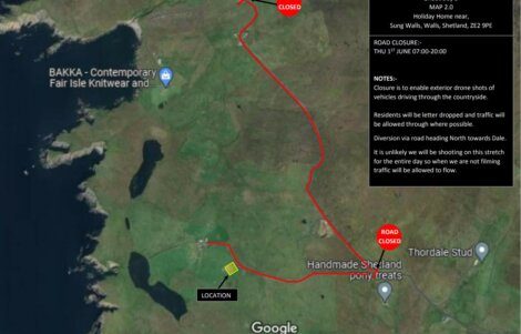 A map showing road closures near Sung Wails, Shetland, due to filming. Closed roads are marked in red. Traffic will be diverted north towards Dale. Reopening date: Thursday 17 June, 07:00-20:00.