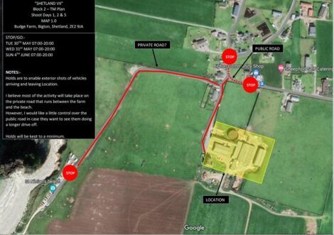 A satellite map showing a route marked in red from "St. Ninian's Beach" through stop points to "Bigton Community Shop". Areas are labeled, including "Budgate Farm" and an outline of buildings in yellow.