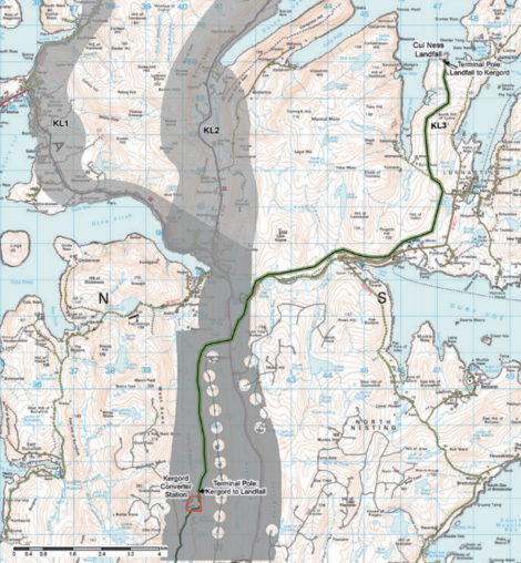 Topographic map showing the proposed Kergord to Kergord & Landfall to Kergord Transmission Links, marked with green and brown lines, including KL1, KL2, and KL3 routes.