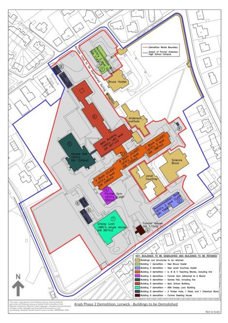 A detailed layout map of the Knab Phase 2 Demolition area in Lerwick. Various buildings are marked with different colors indicating their demolition status. A legend explains the color codes and building names.