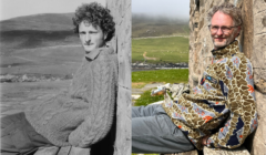 Two men are sitting in similar poses against a stone wall in two separate images. The left image is black and white, while the right image is in color. Both men are wearing sweaters.