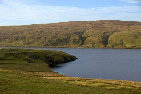 A vast, calm lake bordered by low, grass-covered hills under a clear sky.