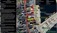 Aerial map highlighting a film shoot location with marked stops, tech parking, cherry picker position, and a planned closure on Commercial St. The map includes contact information and logistical notes.