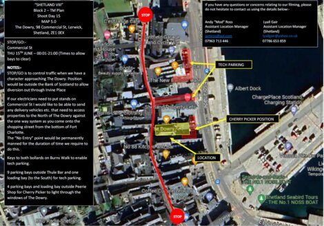 Aerial map highlighting a film shoot location with marked stops, tech parking, cherry picker position, and a planned closure on Commercial St. The map includes contact information and logistical notes.