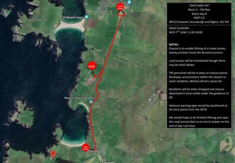 Map showing road closures in Shetland for filming on 7th June, from 11:00 to 18:00. Affected areas include B9102 between Scousburgh and Bigton. Specific locations marked with stop signs.