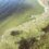 A body of water with greenish algae blooms along the shoreline, mixed with patches of grass and small debris.