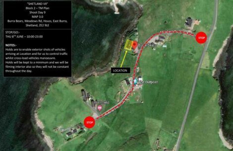 Aerial map highlighting a traffic plan with stops marked in red along a road near Burra Bears in East Burra, Shetland. Filming will take place on June 8th from 10:00 to 23:00.