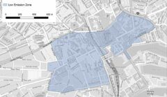 Map showing the finalized Low Emission Zone (LEZ) area in Aberdeen, highlighted in blue. A scale bar in the upper left corner indicates distances of 200, 400, and 600 meters.