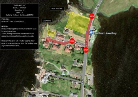 Aerial view map showing route in red to "Shetland VII" film shoot location. Stops, residential access, and tech parking areas are marked. Notes specify access and holds on A971 during 07:00-20:00 on June 12.