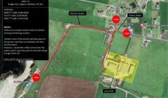 Aerial map showing a route from Bigton Community Shop to St. Ninian's Beach, with specific stop points marked. Yellow highlight shows a location, and text outlines critical filming notices and instructions.