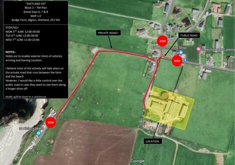 Aerial map showing a route from Bigton Community Shop to St. Ninian's Beach, with specific stop points marked. Yellow highlight shows a location, and text outlines critical filming notices and instructions.