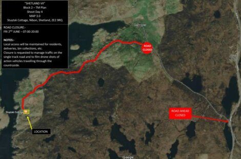 Map showing road closures for filming in Shetland. The road from Stuyksta Cottage to Quolfister is closed from Friday 29th June, 07:00-20:00. There are designated locations for residents and deliveries.