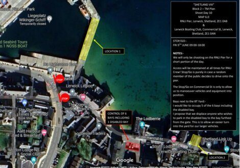 Map showing the "Shetland VII" Block 2 TM Plan. It includes the RNL number 8 pier, Lerwick Boating Club, Lerwick Legion, Hotel Kvelde, and Seafield Works. Locations 1 and 4 are highlighted.