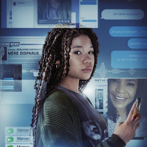 Young person with braided hair holding a phone, standing against a background of various digital screens displaying messages, news alerts, and social media profiles.