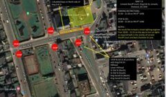 Aerial view of planned street closure around Lerwick Sheriff Court for filming, showing stop points, parking restrictions, and important notes for affected areas.