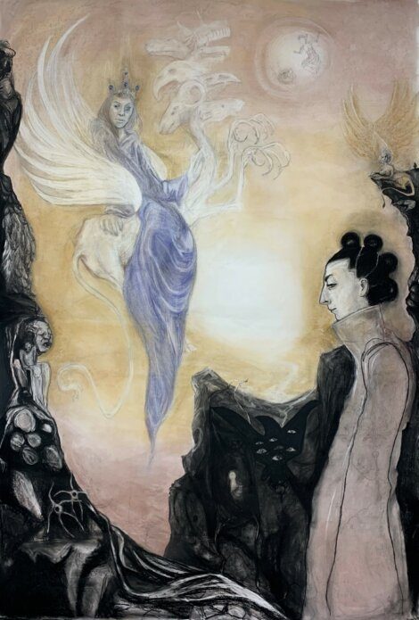 A surreal painting depicts a person with styled hair, a winged and crowned creature, floating mystical entities, and a dark figure with a cat in a rocky landscape bathed in soft light.