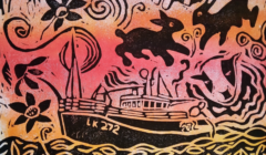 A colorful illustration featuring a boat labeled "LK 272" on rough waters, surrounded by abstract swirls, flowers, and marine-themed patterns. The background transitions from red to orange hues.