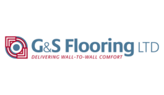 Logo of G&S Flooring LTD with a red and blue emblem on the left and the slogan "Delivering Wall-to-Wall Comfort" beneath the company name in blue letters.