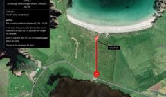 Aerial map view of Spiggie Beach, Shetland, showing a closure area marked in red. Closure scheduled for Thu 8th June, 16:00 to 22:00. Red line indicates the path from the road to the location of the closure.