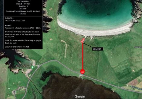 Aerial map view of Spiggie Beach, Shetland, showing a closure area marked in red. Closure scheduled for Thu 8th June, 16:00 to 22:00. Red line indicates the path from the road to the location of the closure.