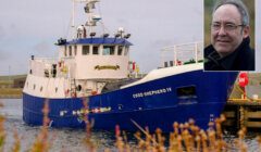 A blue and white boat named "Good Shepherd IV" is docked near a pier. Inset shows a close-up of a man wearing glasses.