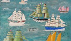 Colorful illustration of multiple sailing ships on the ocean, with bunting flags spelling "SHIP2021" across the top. The water and sky are painted in various shades of blue.