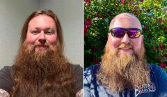 Two side-by-side images of the same man with a beard. The left image shows him indoors with long hair, while the right image shows him outdoors with sunglasses and a buzz cut hairstyle.