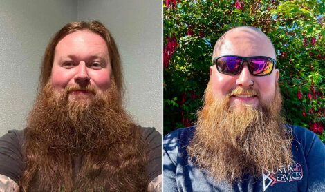 Two side-by-side images of the same man with a beard. The left image shows him indoors with long hair, while the right image shows him outdoors with sunglasses and a buzz cut hairstyle.