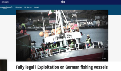 Fishing boat docked with crew members unloading catch, text overlay "Fully legal? Exploitation on German fishing vessels," with NDR and Panorama 3 logos displayed.